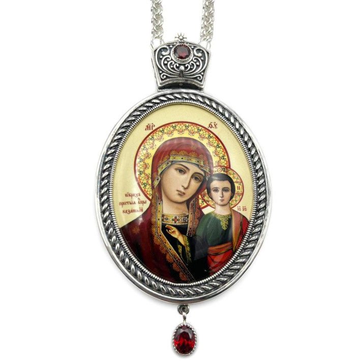 Brass panagia in silver with printed image and chain