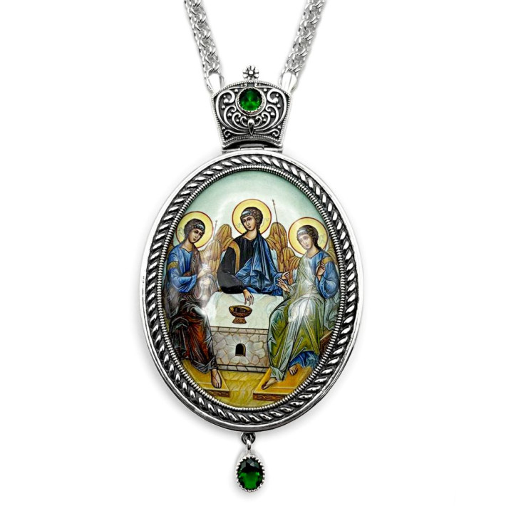 Brass panagia in silver with printed image and chain