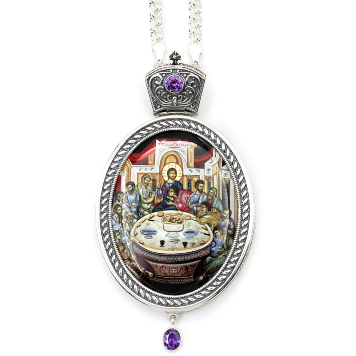 Brass panagia in silver with printed image and chain