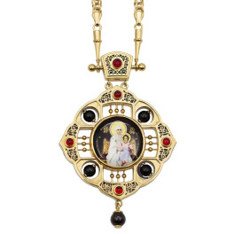 Brass panagia in gilt with inset, enamel, decal and chain