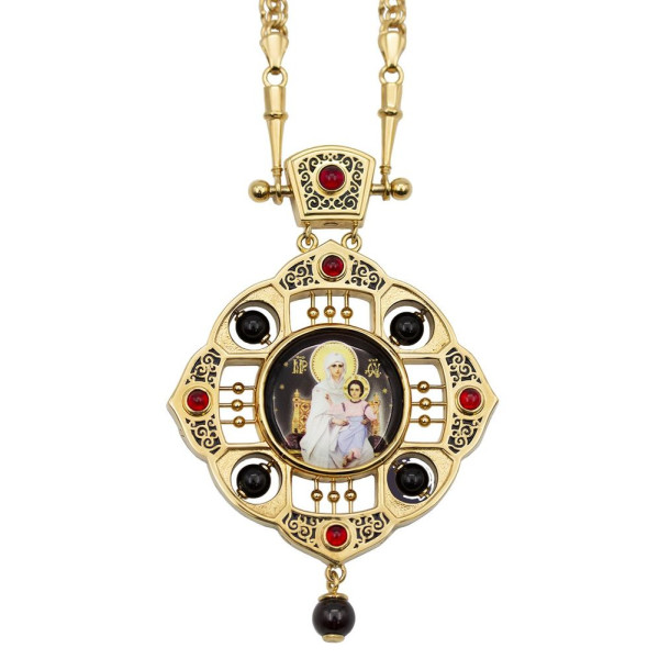 Brass panagia in gilt with inset, enamel, decal and chain