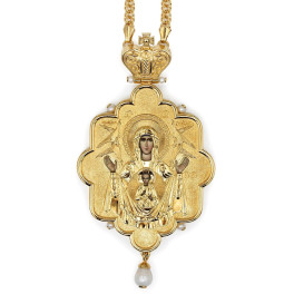Mosazná panagia ve zlaceném provedení s bižuterií a řetízkem