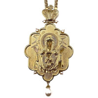 Mosazná panagia ve zlaceném provedení s bižuterií a řetízkem