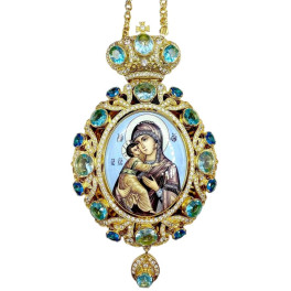 Engolpion Panagia made of brass in gilding with a chain and cubic zirconia decorations