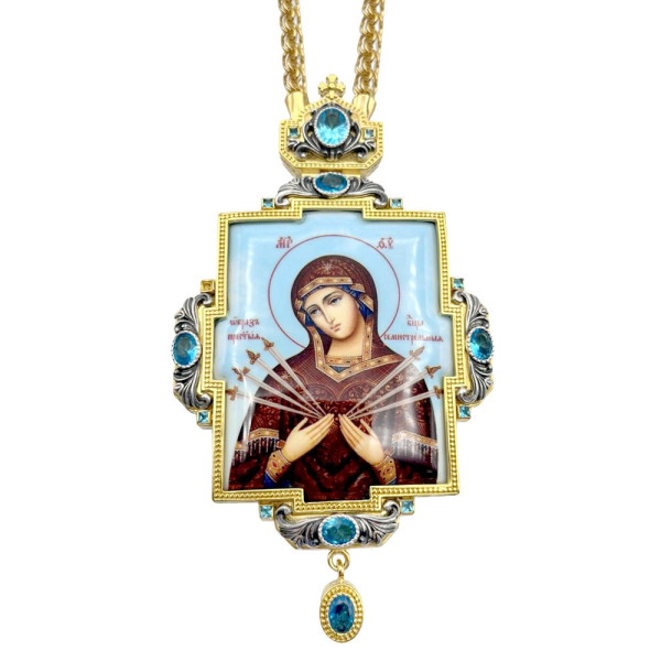 Archbishop's engolpion panagia of brass in gilt with blackening and chain