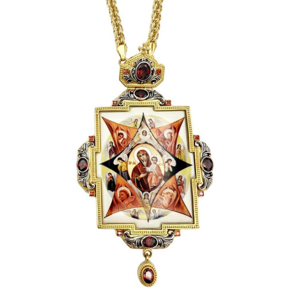 Archbishop's engolpion panagia of brass in gilt with blackening and chain