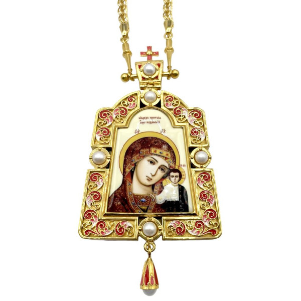 Brass engolpion panagia in gilt with enamel and chain