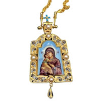 Brass engolpion panagia in gilt with enamel and chain