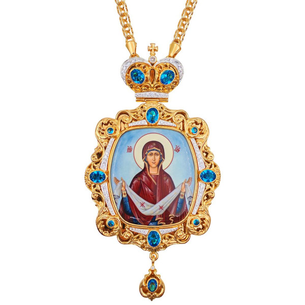 Mosazný zlacený panagia archijerejska s potiskem a řetízkem