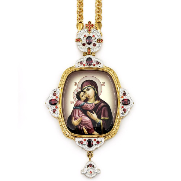Archiepiscopal Engolpion made of gilded brass with silver plated and chain