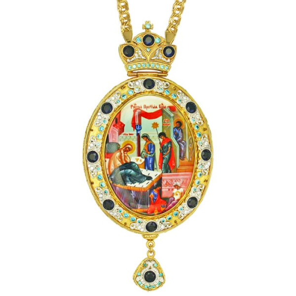Archiepiscopal Engolpion made with gilded brass and silver with a chain