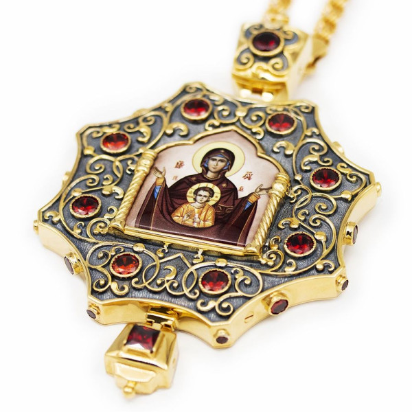 Encolpion panagia made of brass in gilding with blackening and chain