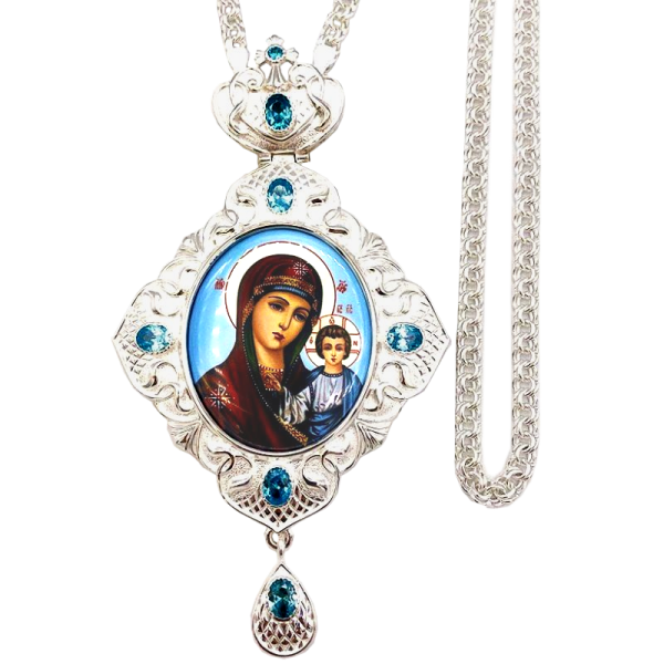 Archiepiscopal Engolpion made of brass, silver plated, with decorations and a chain