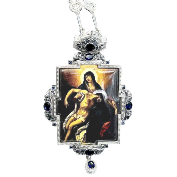 Brass panagia in silver plated with niello and chain