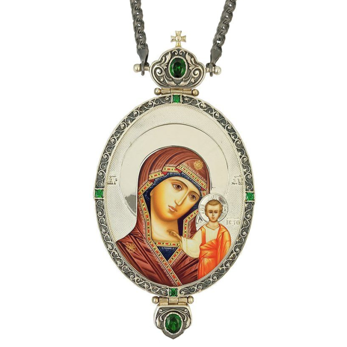 Archiepiscopal Engolpion made of brass in silver plating with niello and chain