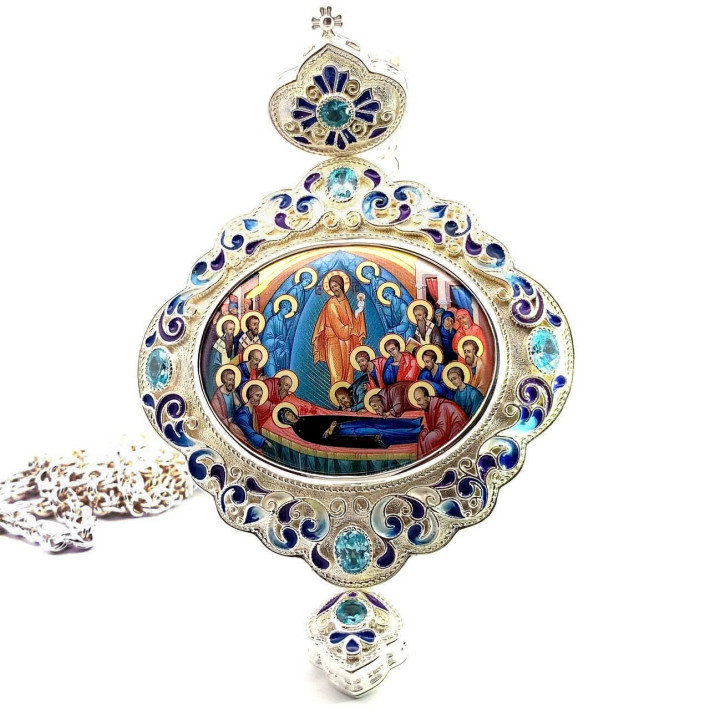 Brass panagia in silver with enamel and chain