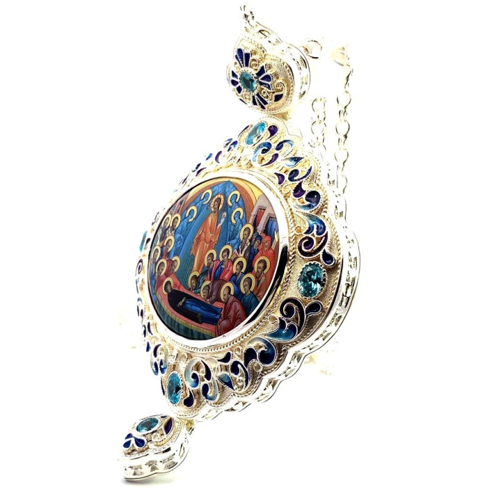 Brass panagia in silver with enamel and chain