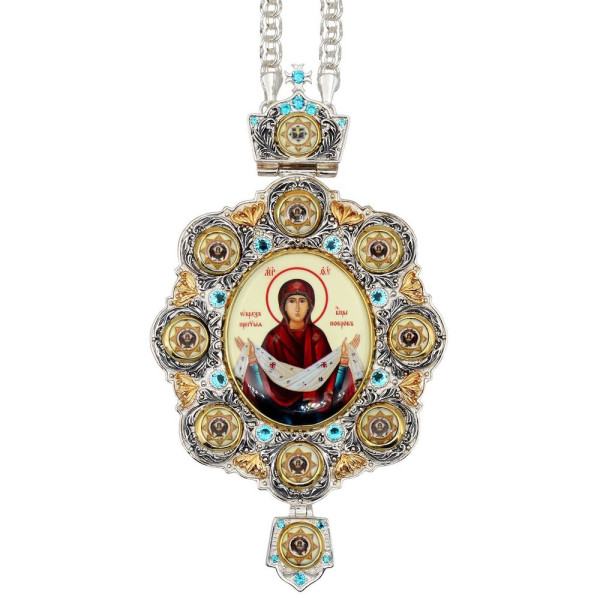 Archiepiscopal Engolpion made of silver-plated brass with partial gilding and a chain