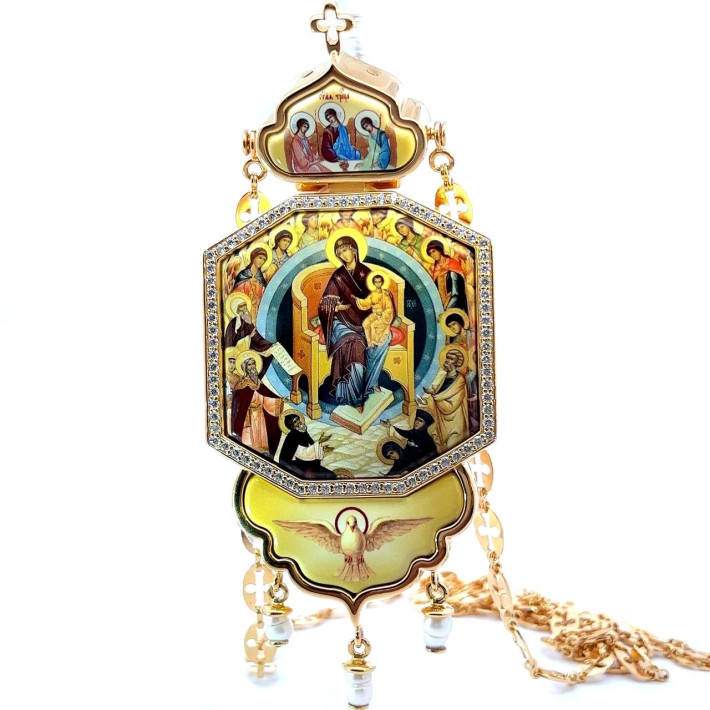 Gilded brass engolpion panagia with three plaques and chain