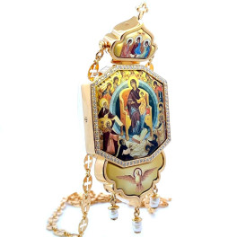Gilded brass engolpion panagia with three plaques and chain