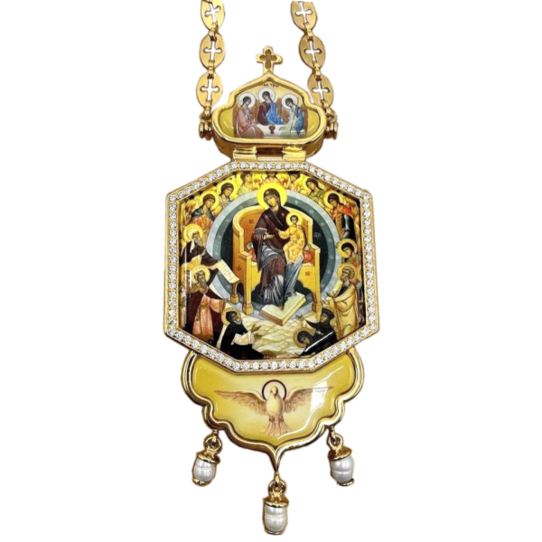 Gilded brass engolpion panagia with three plaques and chain
