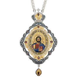 Orthodox panagia of brass with fragmentary gilding and chain