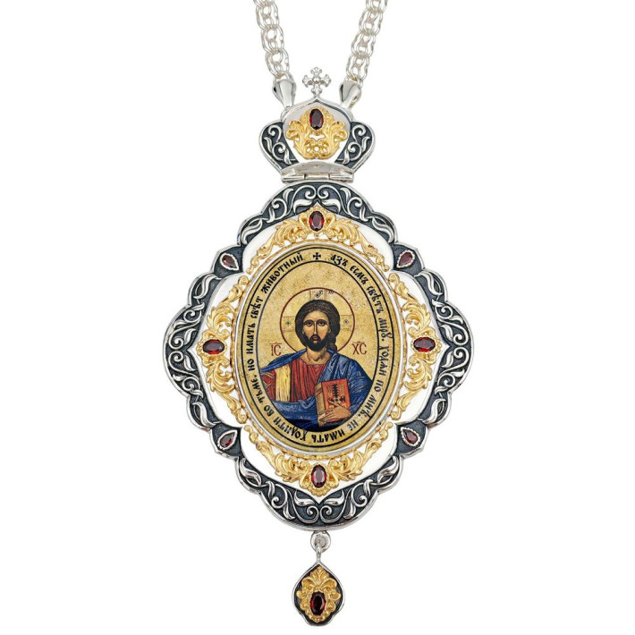 Orthodox panagia of brass with fragmentary gilding and chain