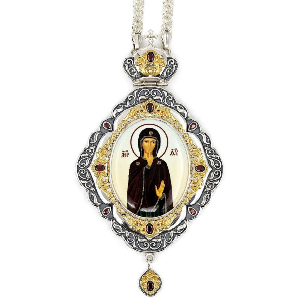 Orthodox panagia of brass with fragmentary gilding and chain