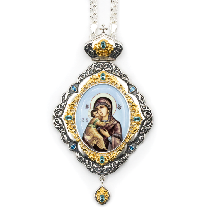 Orthodox panagia of brass with fragmentary gilding and chain
