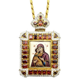 Orthodox brass Engolpion panagia in gilt with jewelry and chain