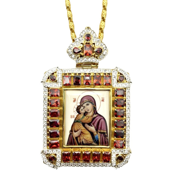 Orthodox brass Engolpion panagia in gilt with jewelry and chain