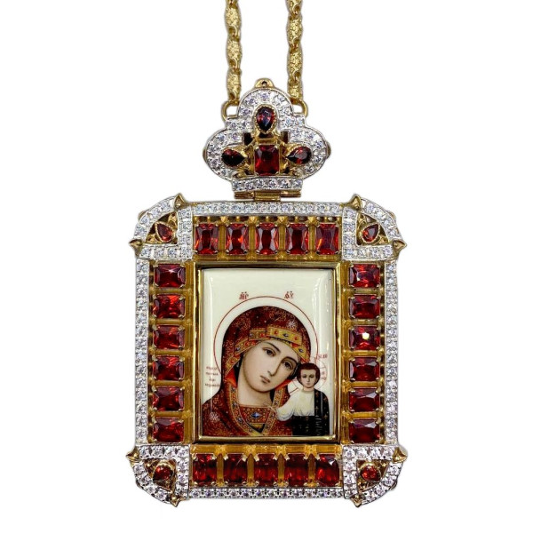Orthodox brass Engolpion panagia in gilt with jewelry and chain