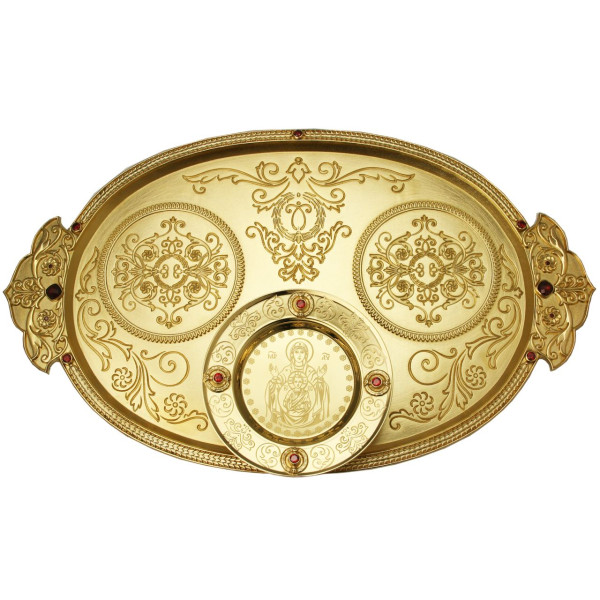 Brass church tray for bishop's drinking in gilding