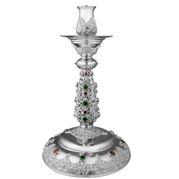 Brass candlestick in silver plating with inlays