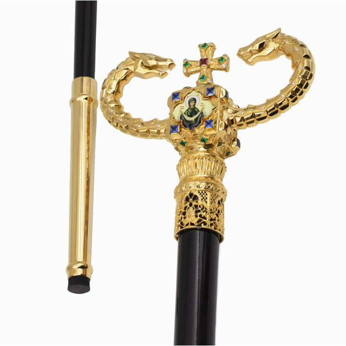 Staff for a priest made of brass in gilding on a base made of wood
