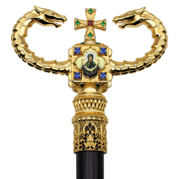 Staff for a priest made of brass in gilding on a base made of wood