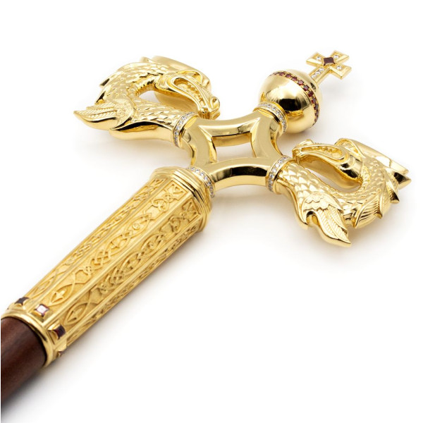 Priest's Staff made of brass in gilding on a wooden base