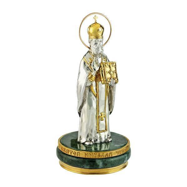 Sculpture of Nicholas the Wonderworker made of brass in silver plating with gilding